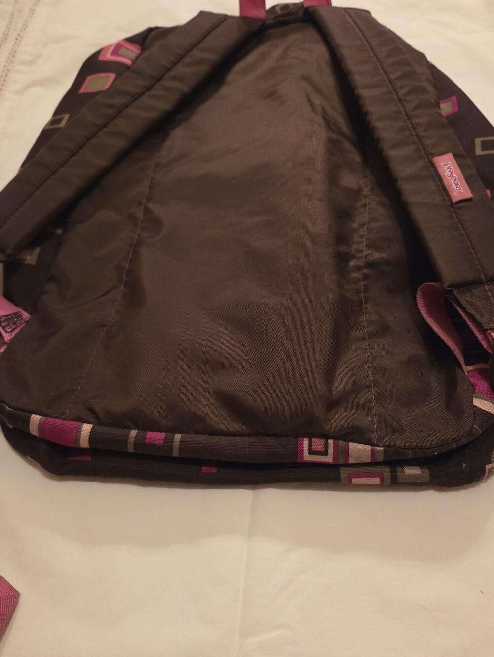 Jansport Black Backpack with Pink and Cream Geometric Squares - Picture 12 of 16